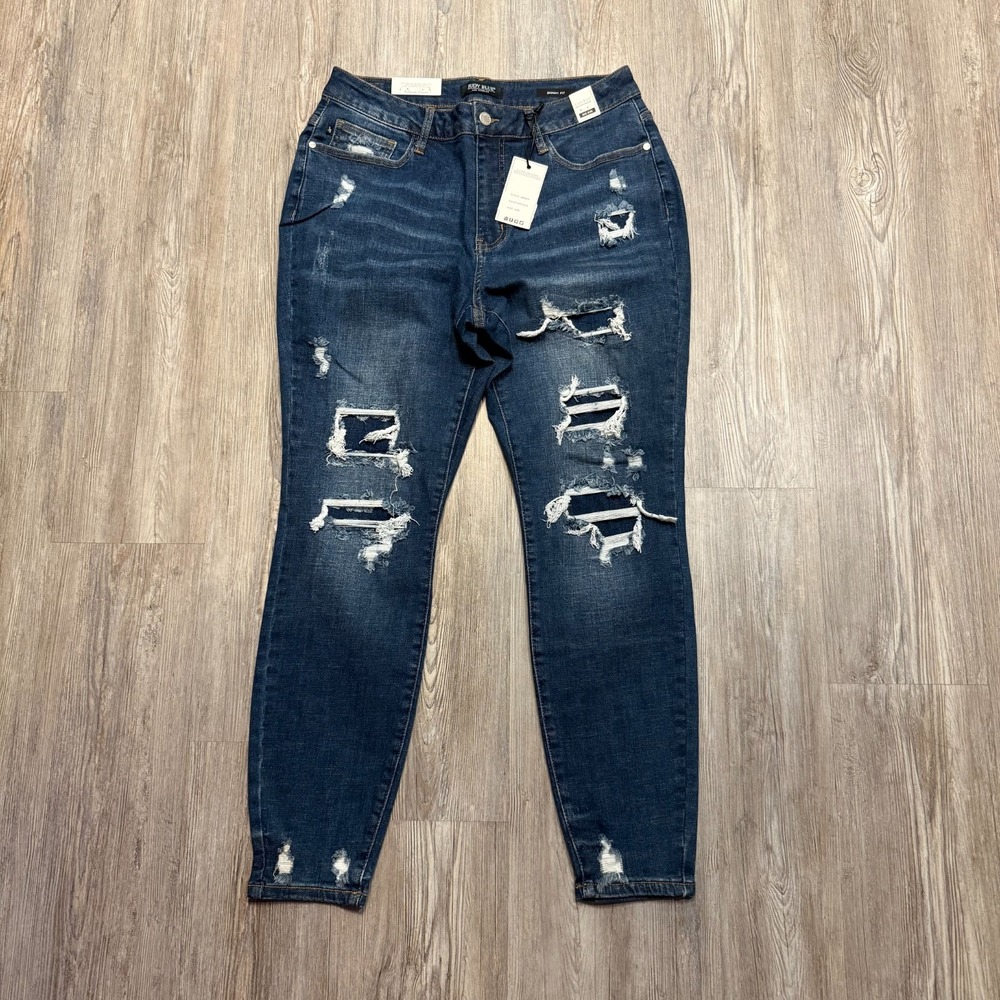 Judy Blue Womens 14W Skinny Fit Mid Rise Dark Blue Patched Destroyed Jeans